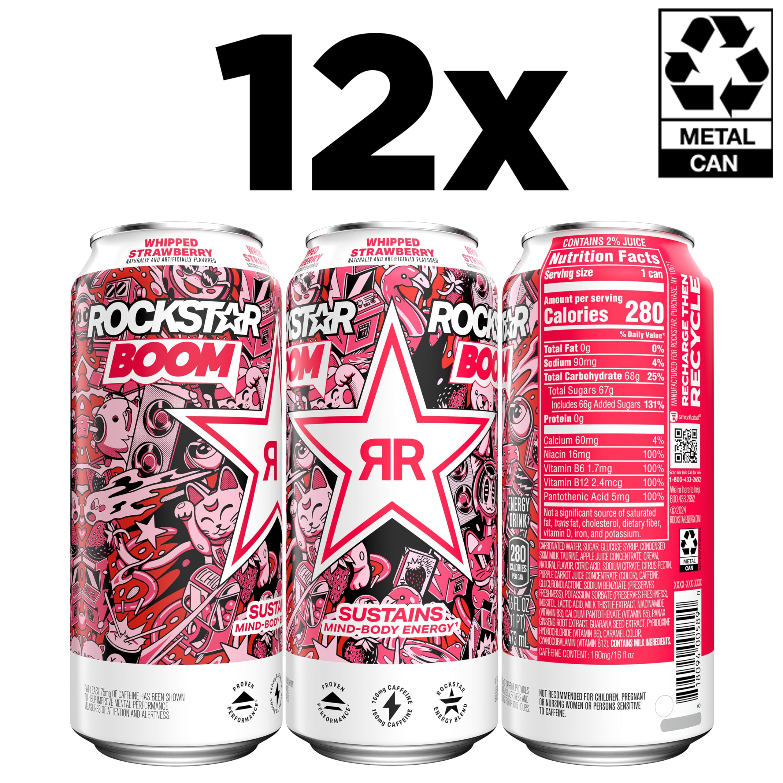 Close-up label of Rockstar Whipped Strawberry can highlighting ingredients and appeal