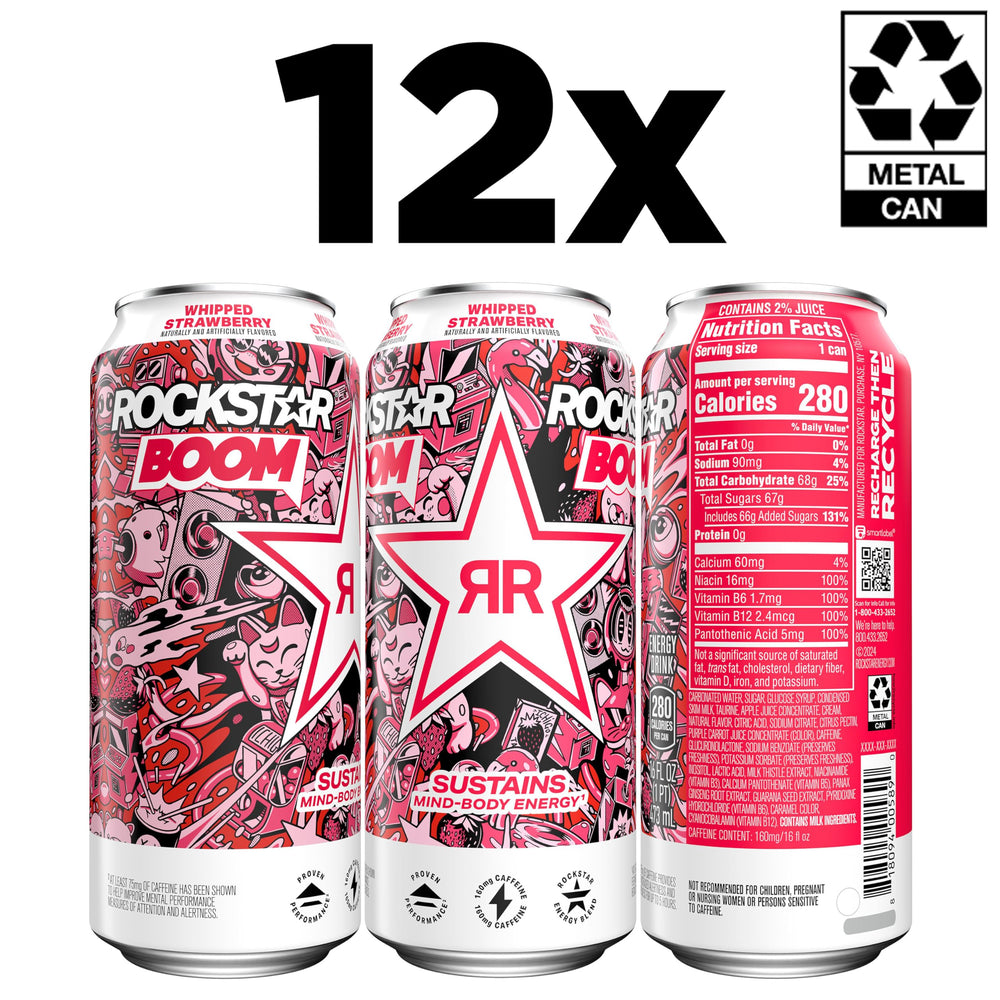 Close-up label of Rockstar Whipped Strawberry can highlighting ingredients and appeal