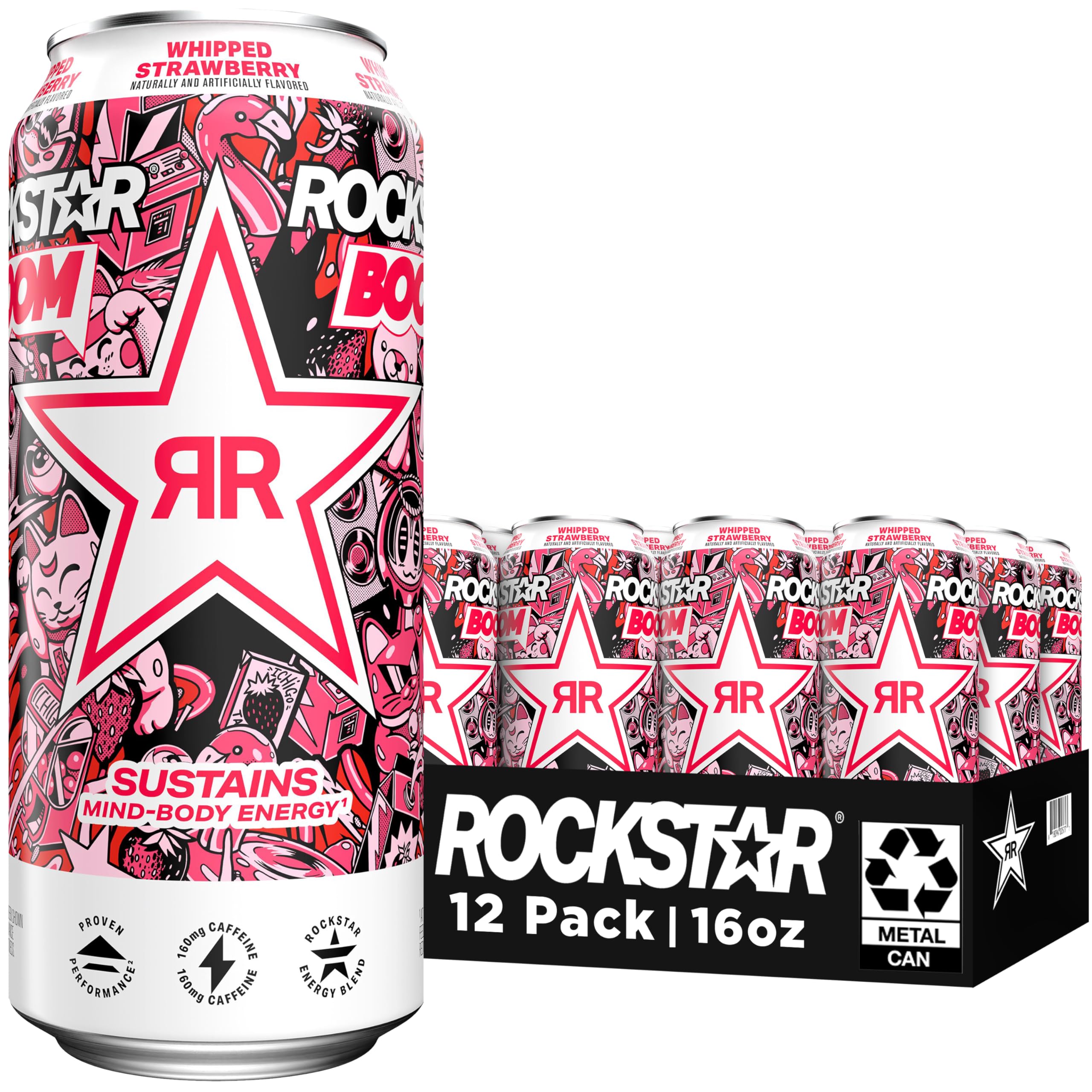 Rockstar can front view showing Boom Whipped Strawberry flavor and bold branding benefit