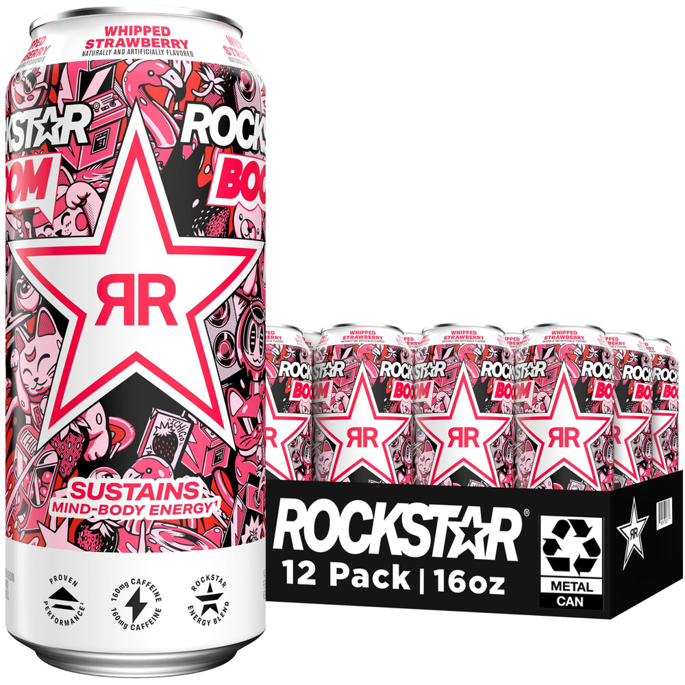 Rockstar can front view showing Boom Whipped Strawberry flavor and bold branding benefit