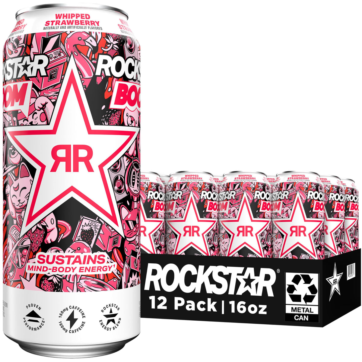 Rockstar can front view showing Boom Whipped Strawberry flavor and bold branding benefit