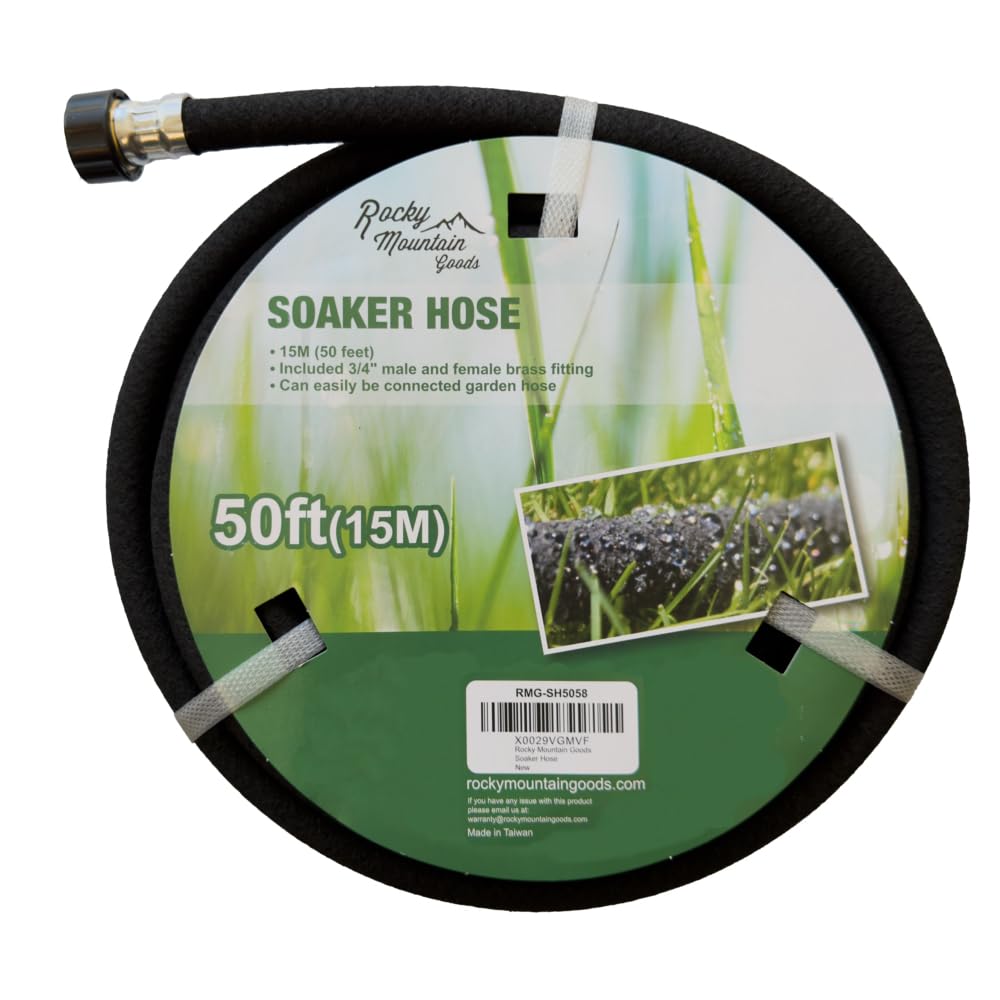 Rocky Mountain Goods manguera Soaker Hose frontal paquete mostrando longitud y material duradero