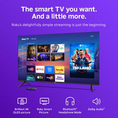 Roku enhanced voice remote beside home screen showing easy navigation benefit