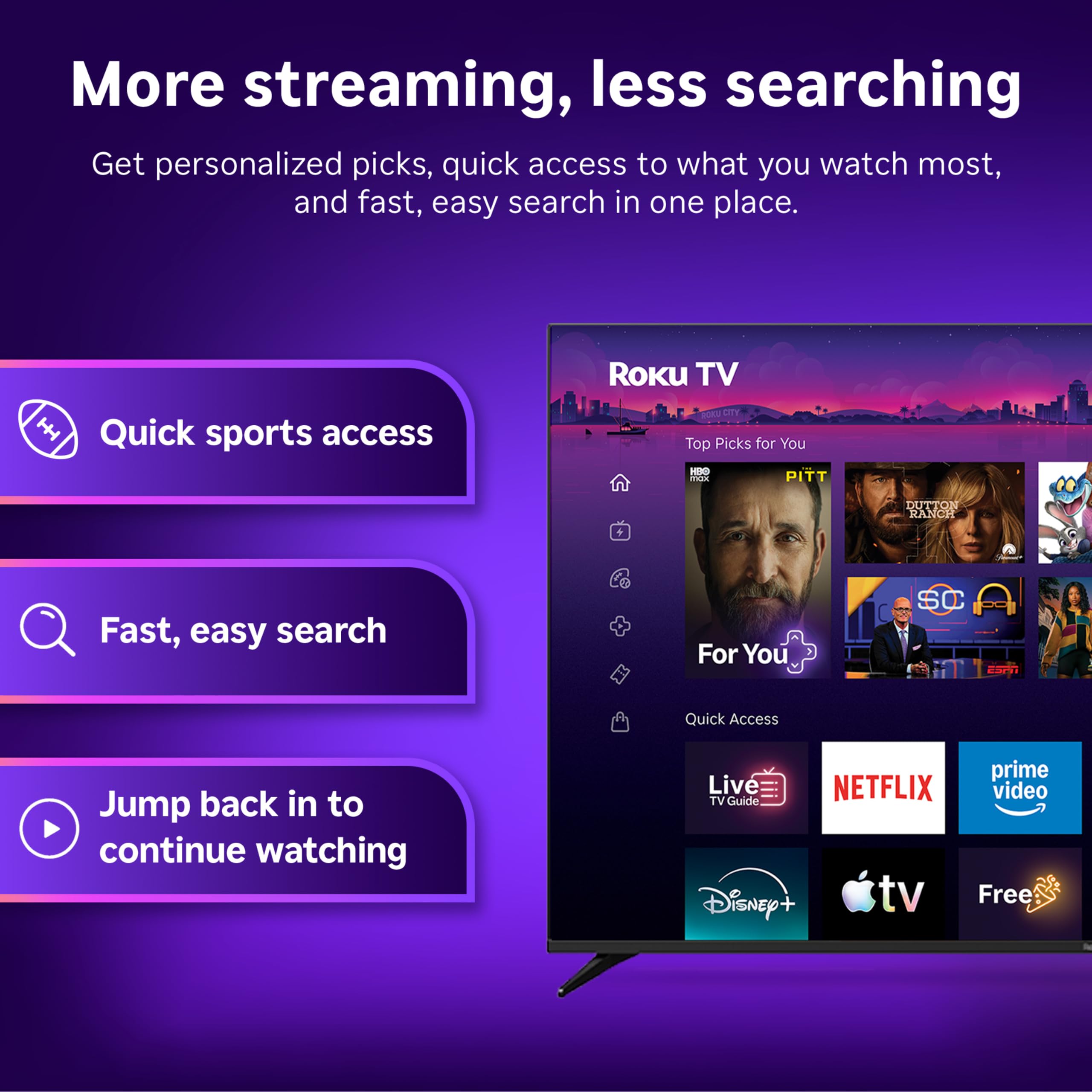 Roku 55-inch TV beside sofa for scale showing screen size and room fit benefit