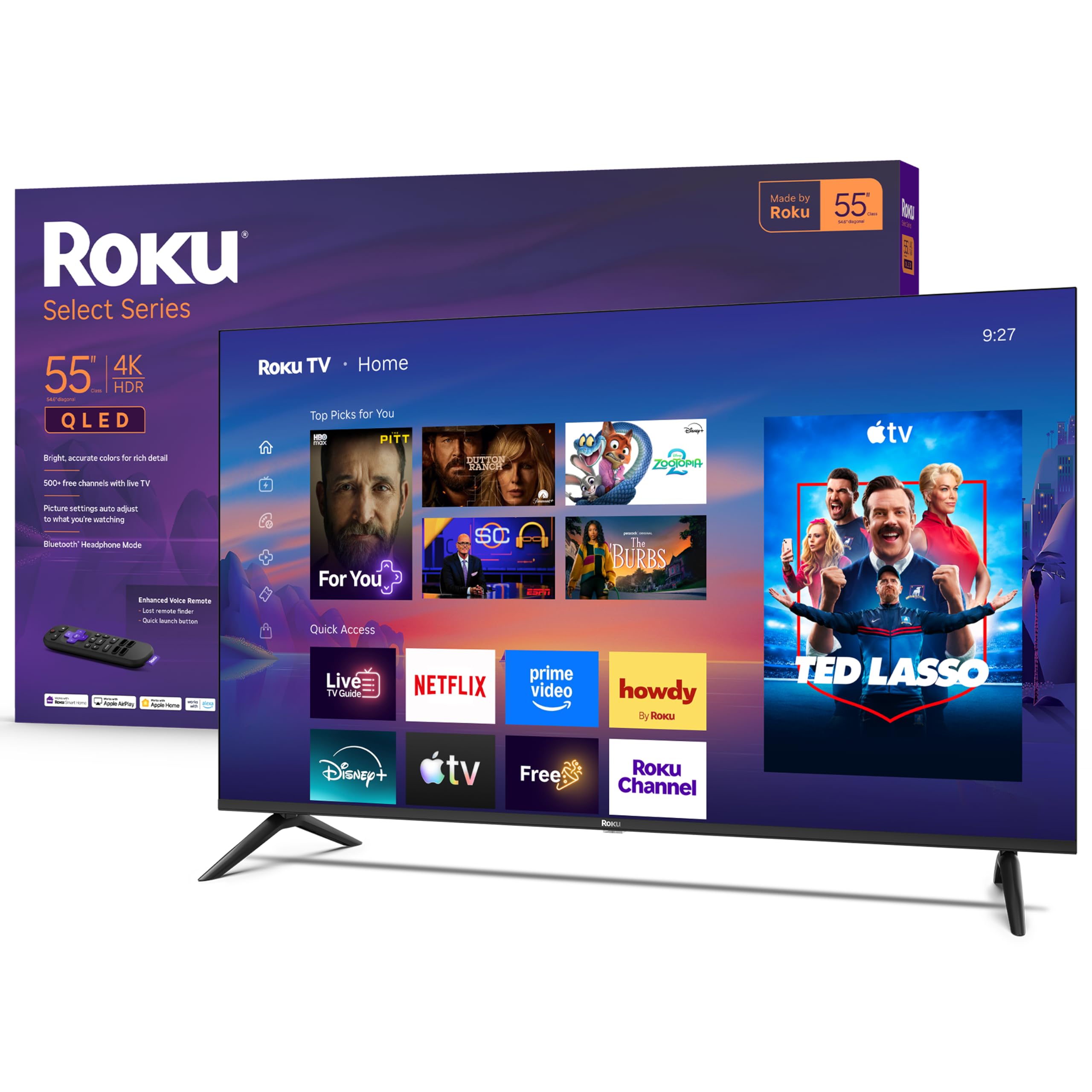 Roku 55" Select Series front view showing vivid screen and sleek frame benefit clarity