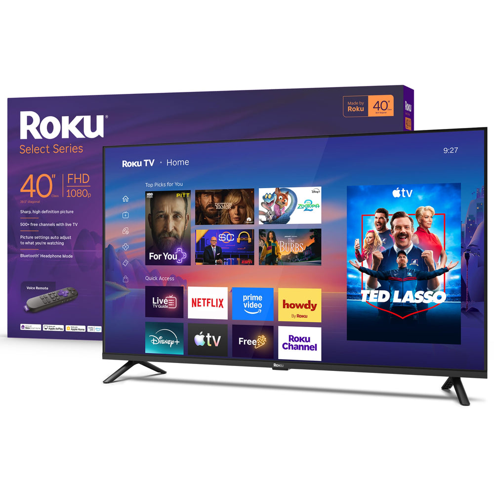 Roku televisor 40" frontal mostrando imagen brillante y beneficio de claridad