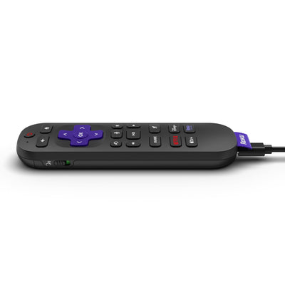 Roku voice remote pro backlit buttons glowing for easy nighttime navigation