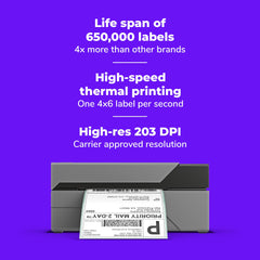 Rollo close-up 4x6 label showing crisp barcode and scanning reliability