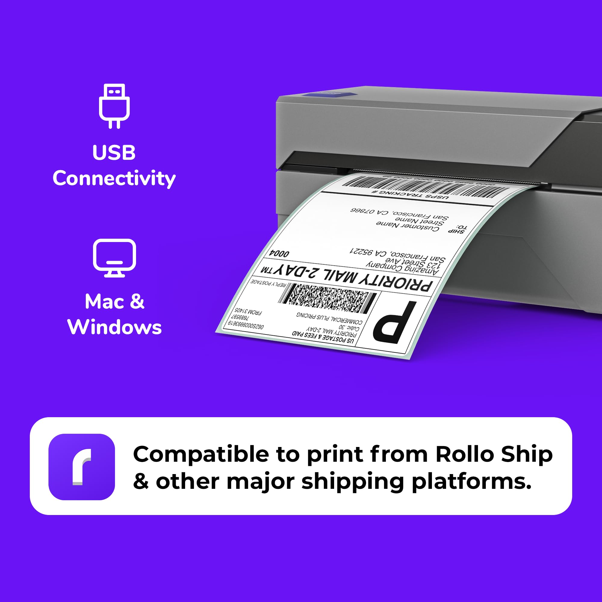 Rollo open paper compartment demonstrating quick label loading advantage
