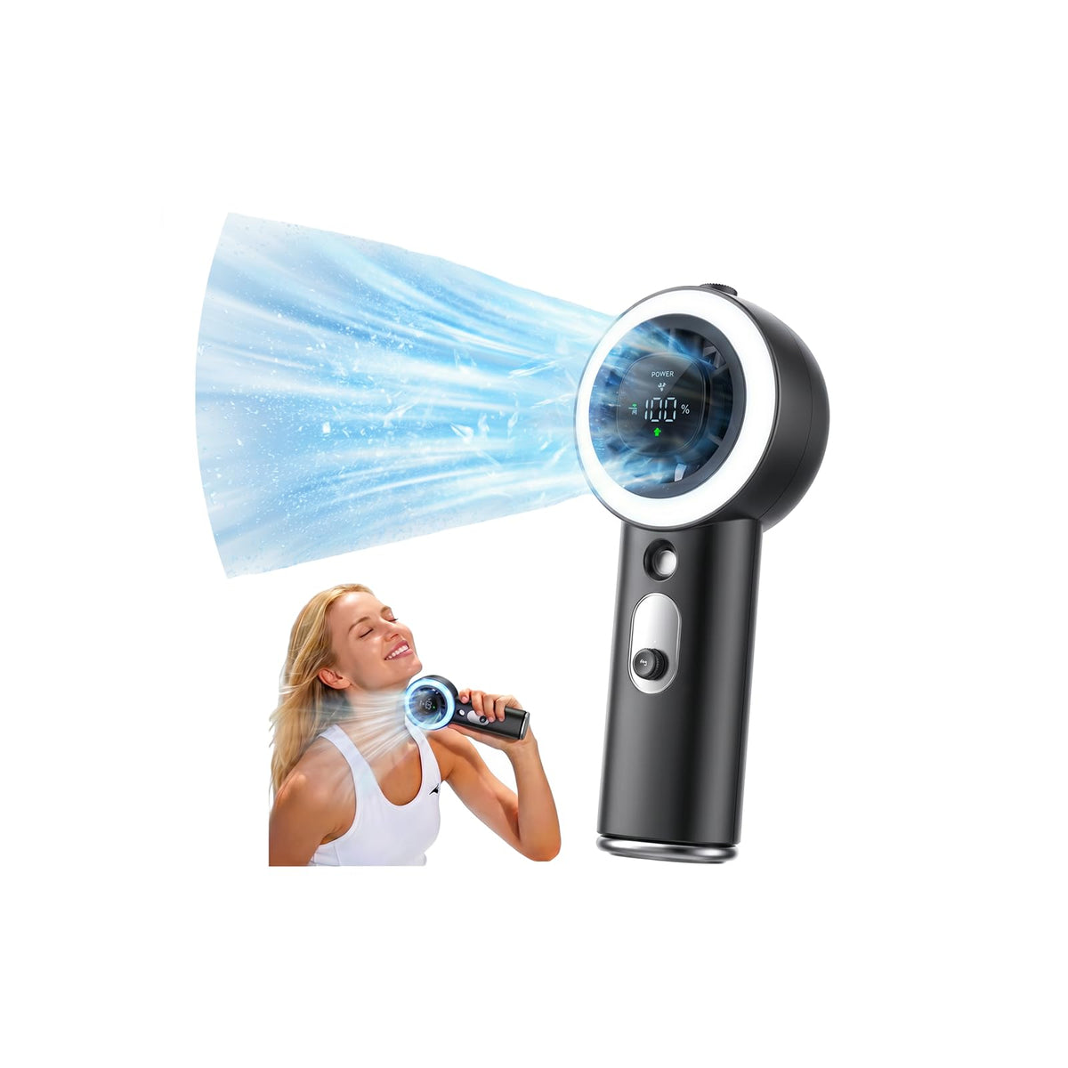 Rolosar vista frontal del ventilador con diseño portátil y control accesible