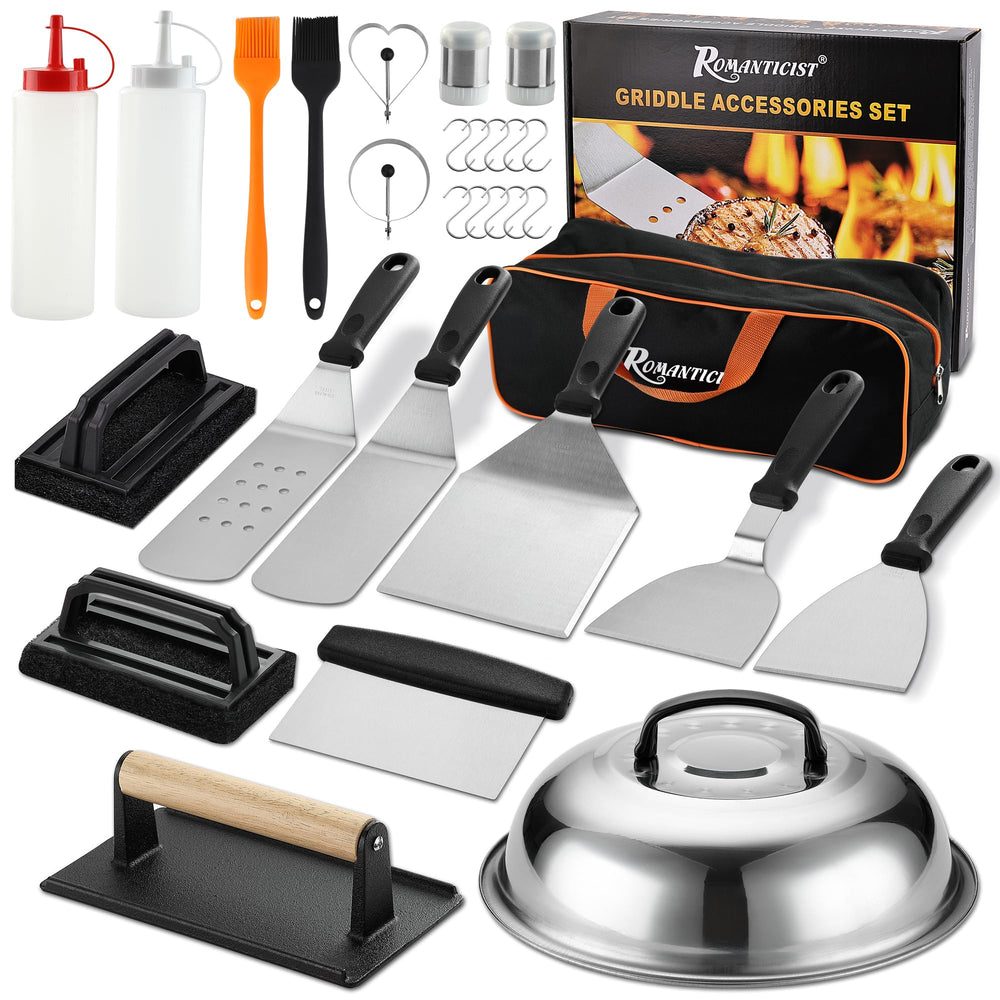 ROMANTICIST front view of full 29-piece griddle set showing organized contents and portability