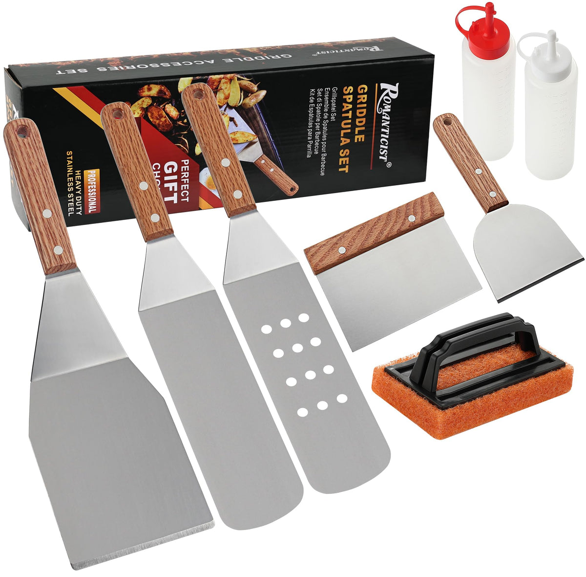 ROMANTICIST front view of complete griddle kit showing all tools and gift-ready box benefit durability