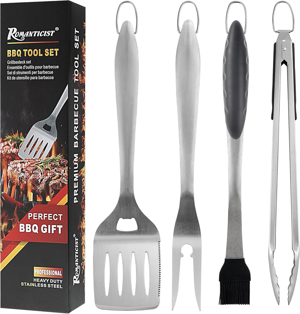 ROMANTICIST front packaging view showing full 4-piece grill set and durability benefit