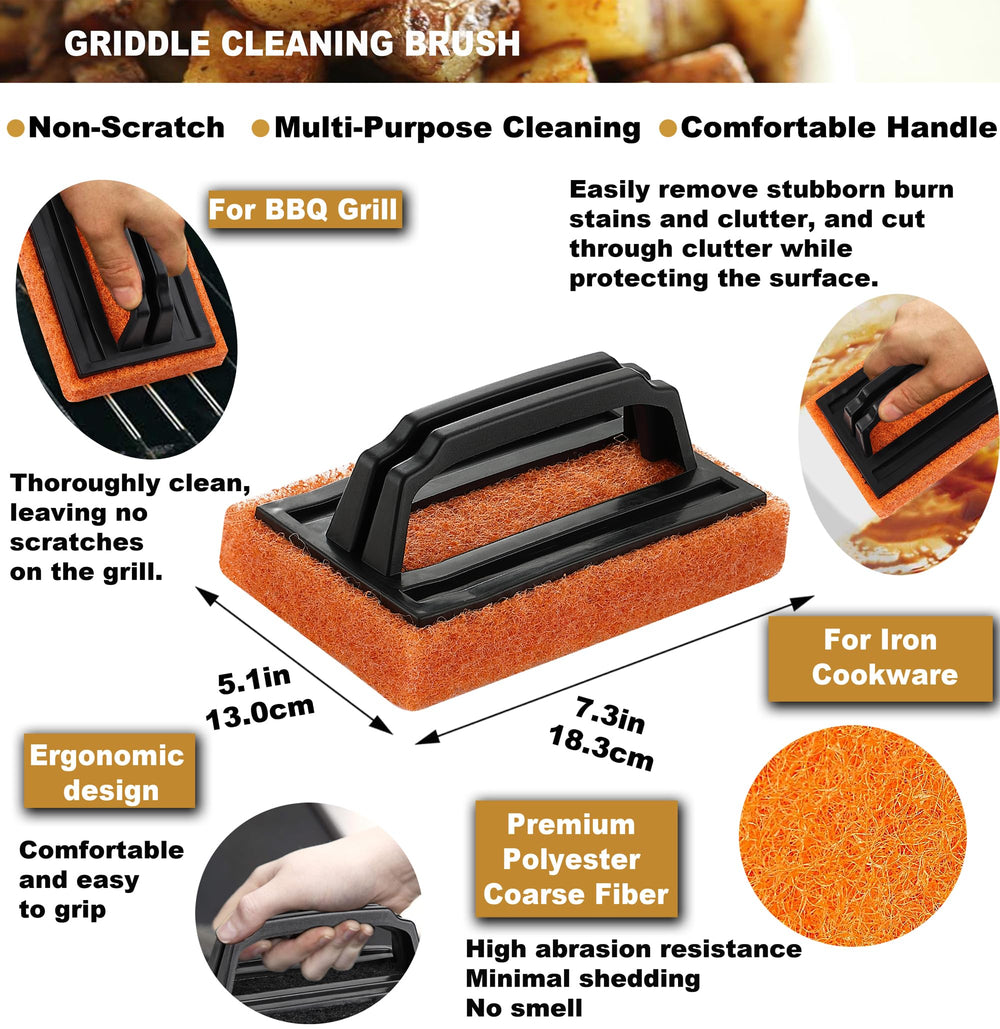 ROMANTICIST scraper and brush cleaning griddle surface showing residue removal benefit longer surface life