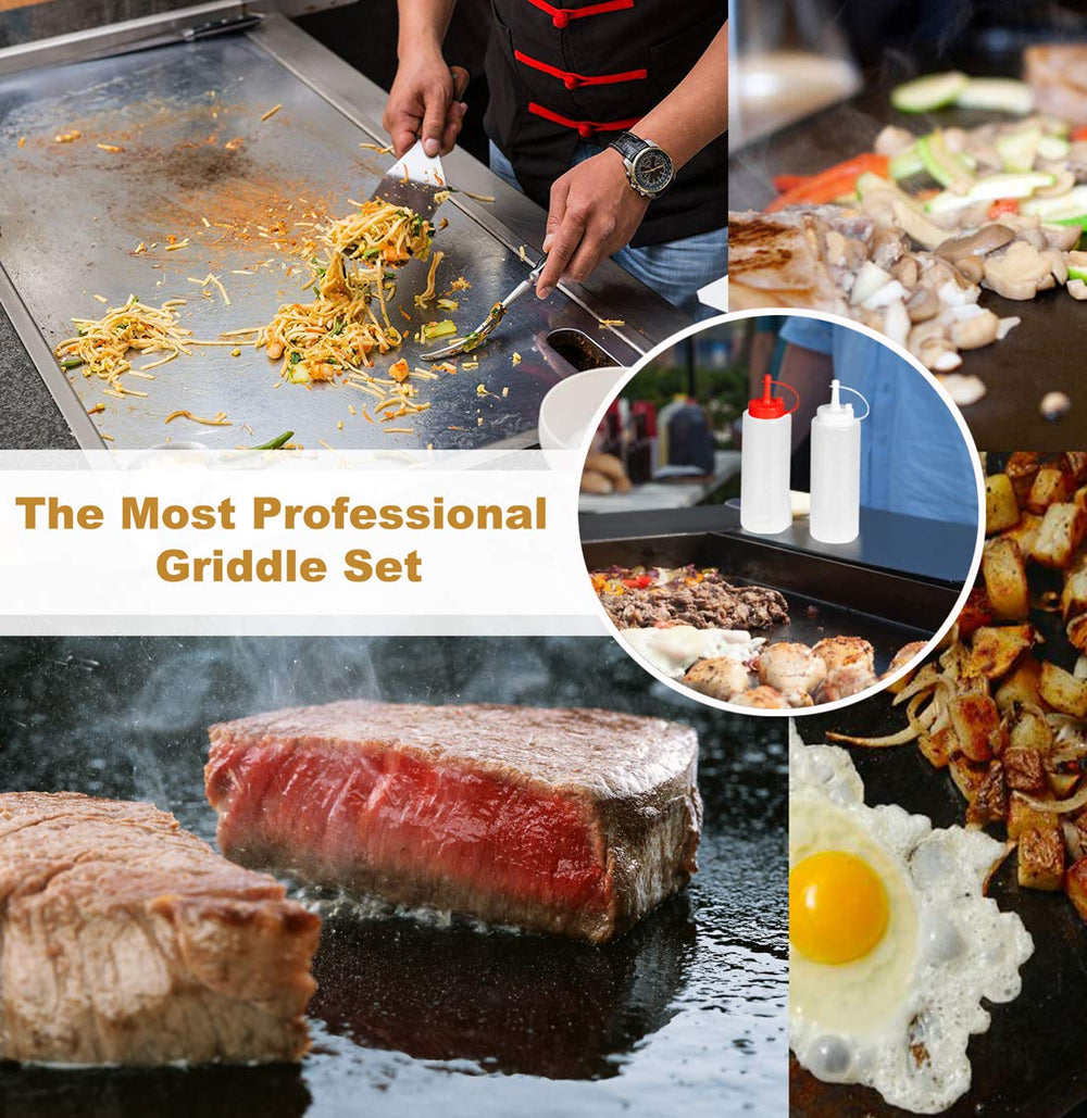 ROMANTICIST squeeze bottles dispensing oil onto griddle demonstrating controlled application benefit even cooking