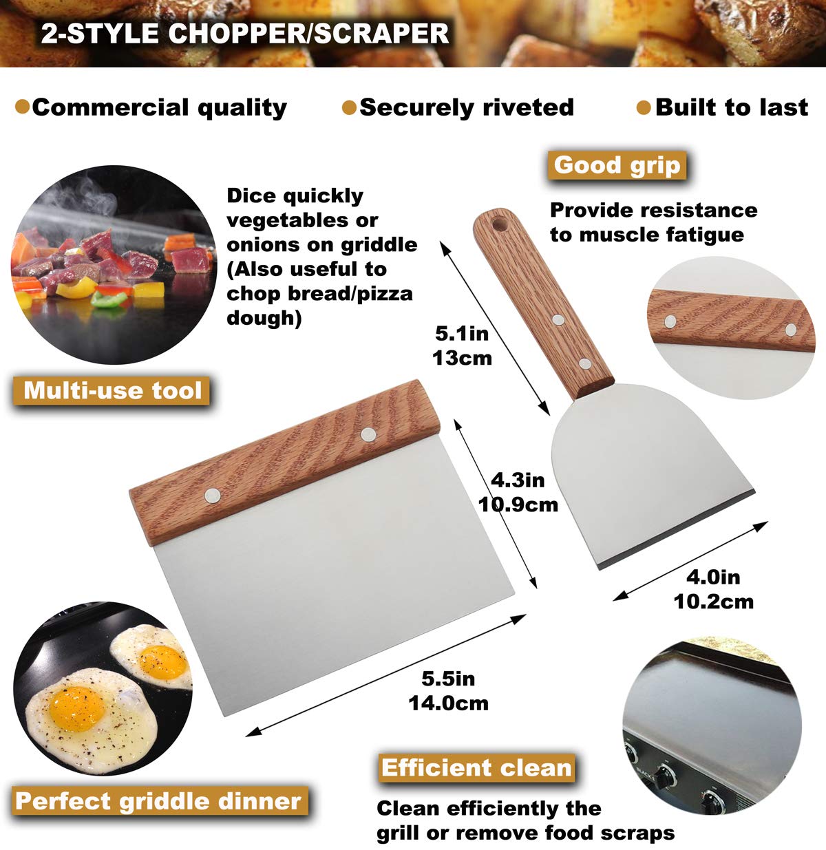 ROMANTICIST tools on flat top in use flipping burgers and vegetables benefit faster cooking control