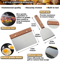 ROMANTICIST tools on flat top in use flipping burgers and vegetables benefit faster cooking control