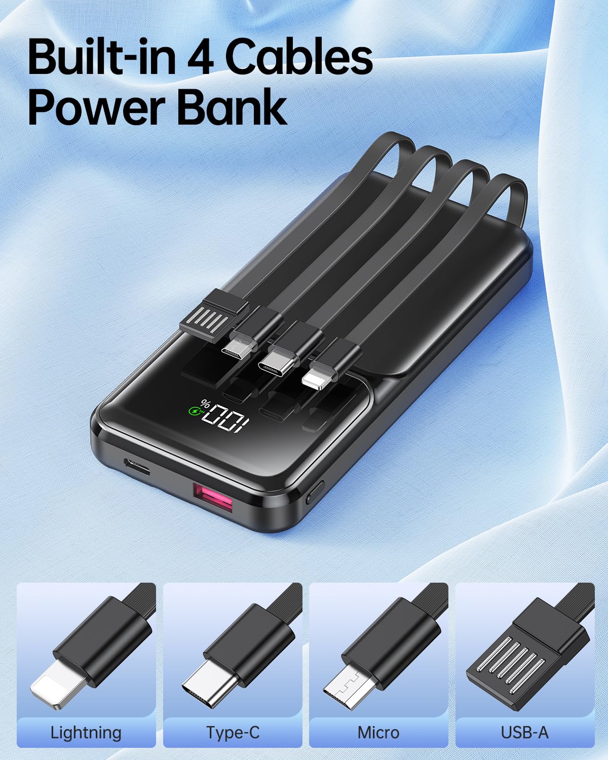 RONEGN cables integrados (iOS, USB‑C, USB, Micro) listos para uso