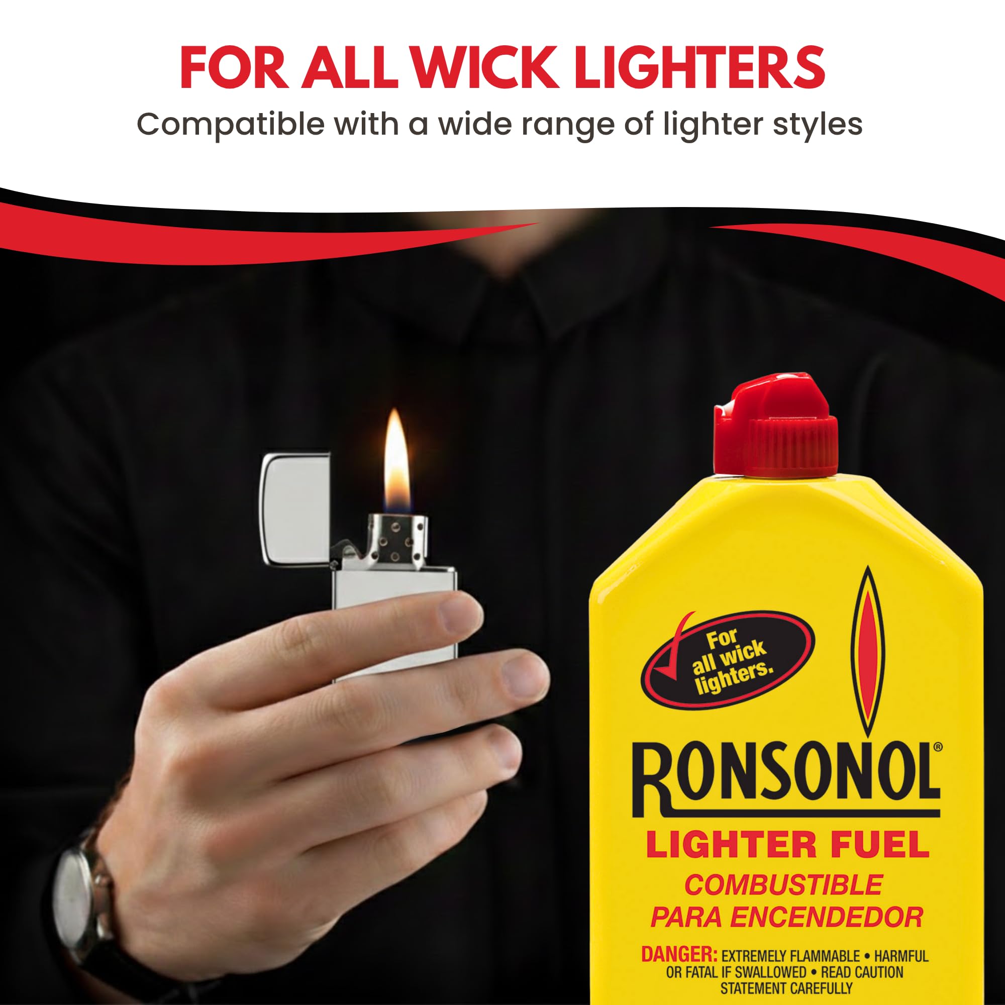 Ronson fuel pouring into a wick lighter demonstrating clean refill