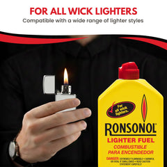 Ronson fuel pouring into a wick lighter demonstrating clean refill
