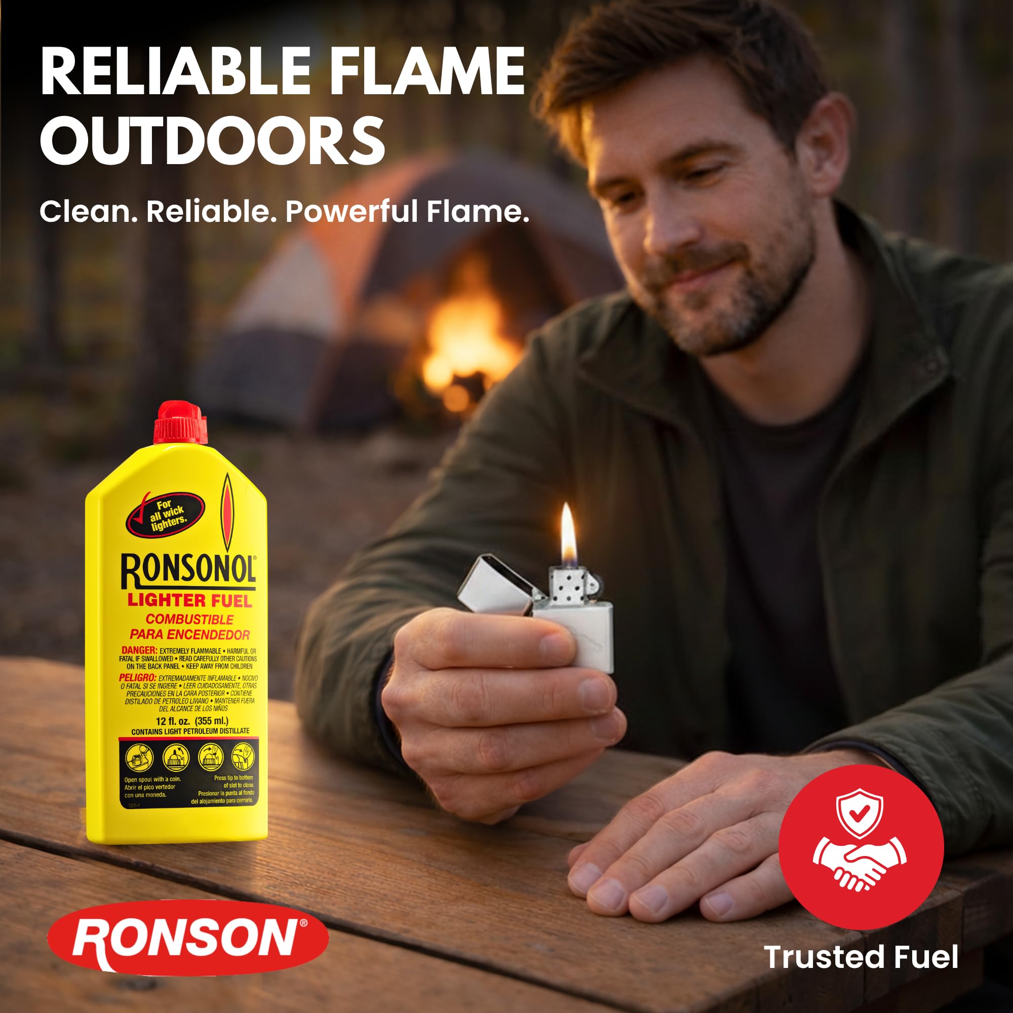 Ronson lighter fuel in outdoor camping setup for reliable flame