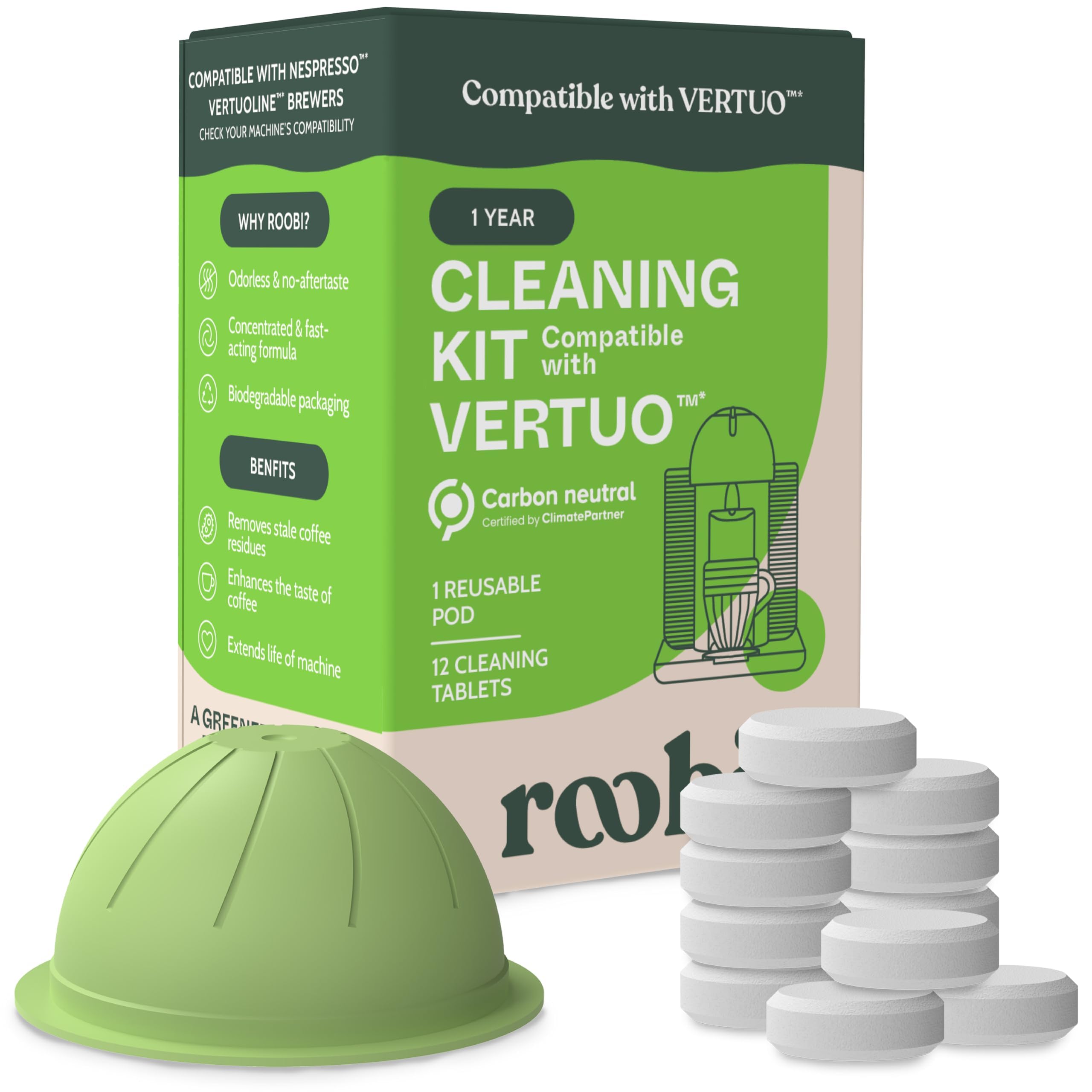 Roobi frente del kit compatible Vertuo mostrando contenido y beneficio limpieza anual