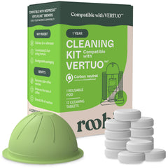 Roobi frente del kit compatible Vertuo mostrando contenido y beneficio limpieza anual