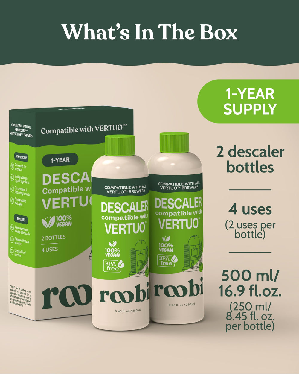 Roobi solución vertuo vertida demostrando textura y fácil dilución