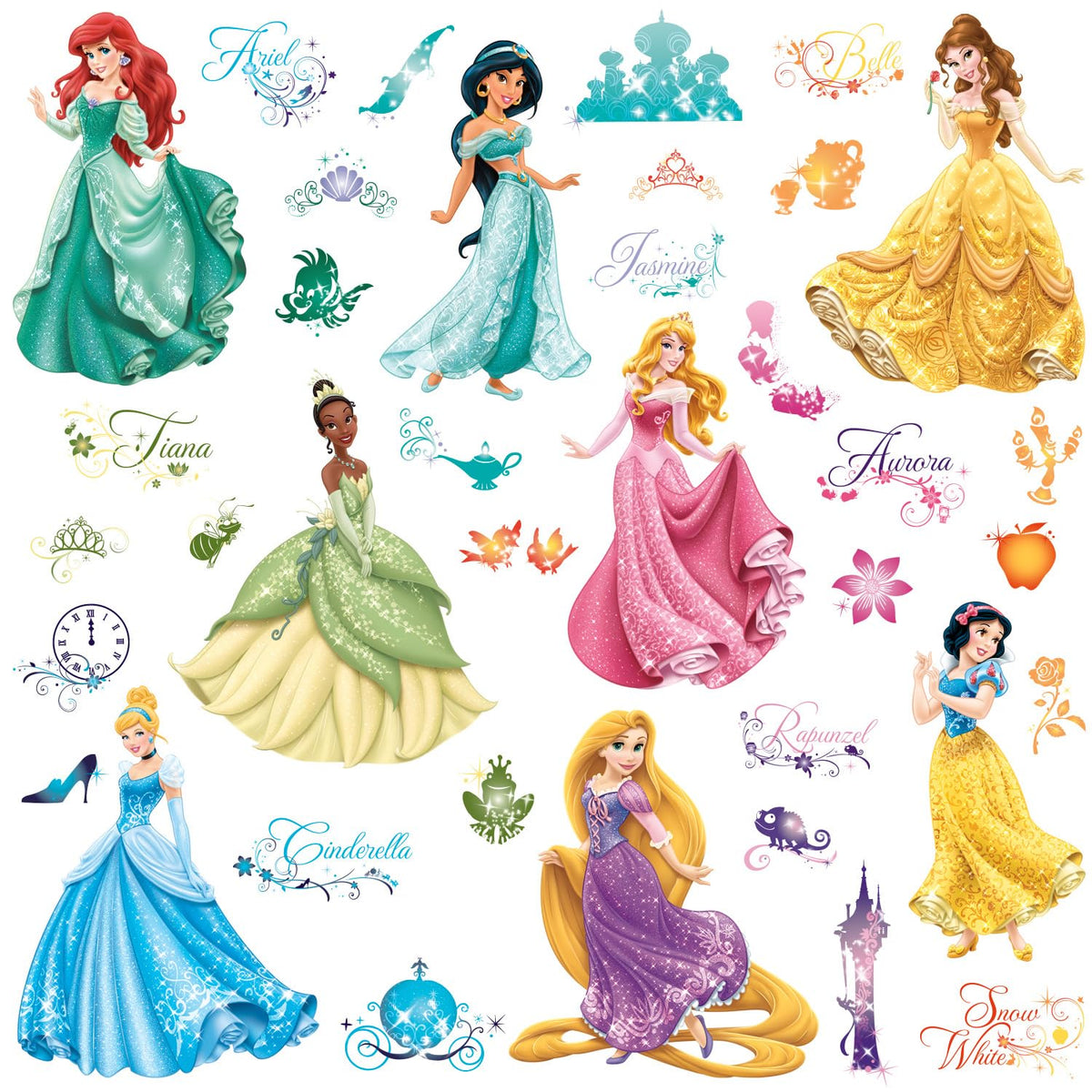 RoomMates pack frontal con princesas Disney mostrando variedad de piezas y colores