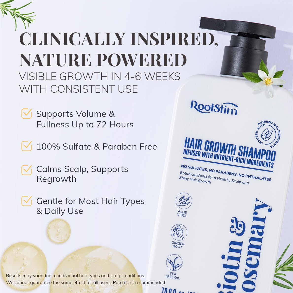 RootStim textura del champú espumoso en mano que indica limpieza suave y controlada