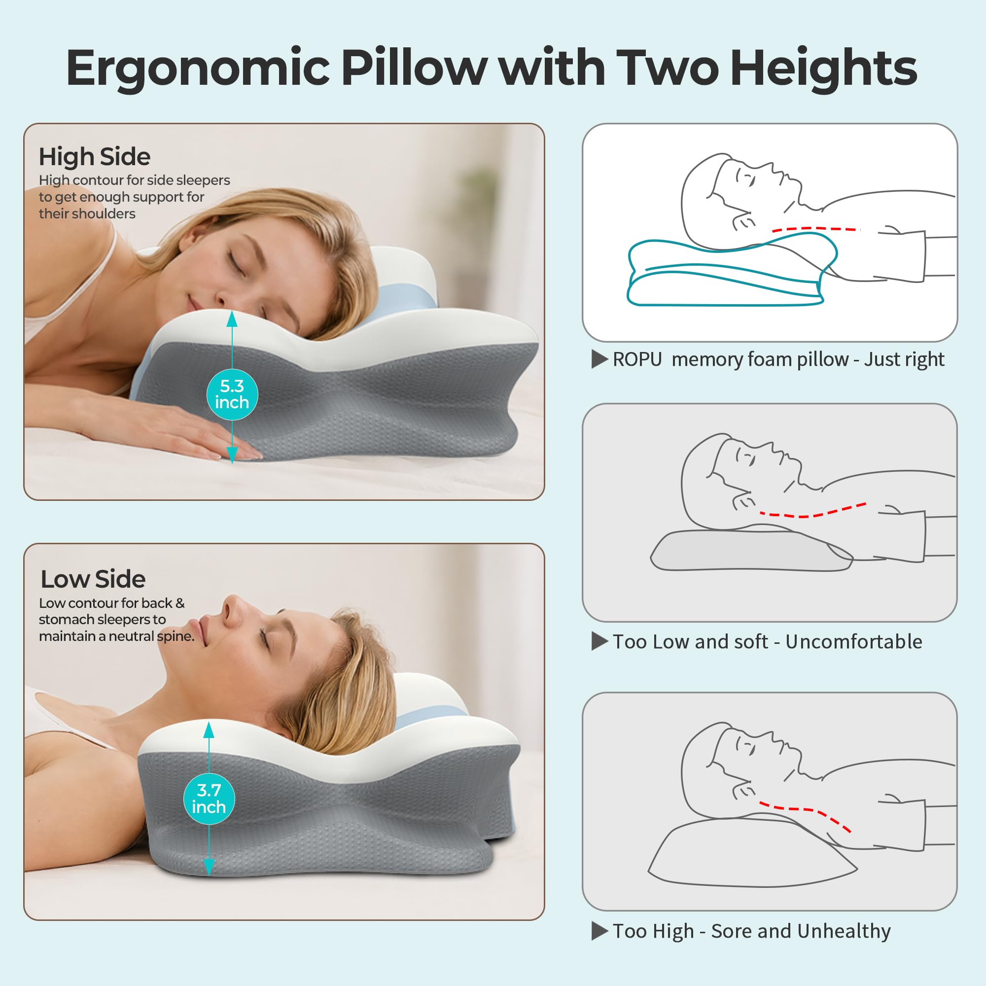 ROPU almohada junto a una regla indicando dimensiones y escala real