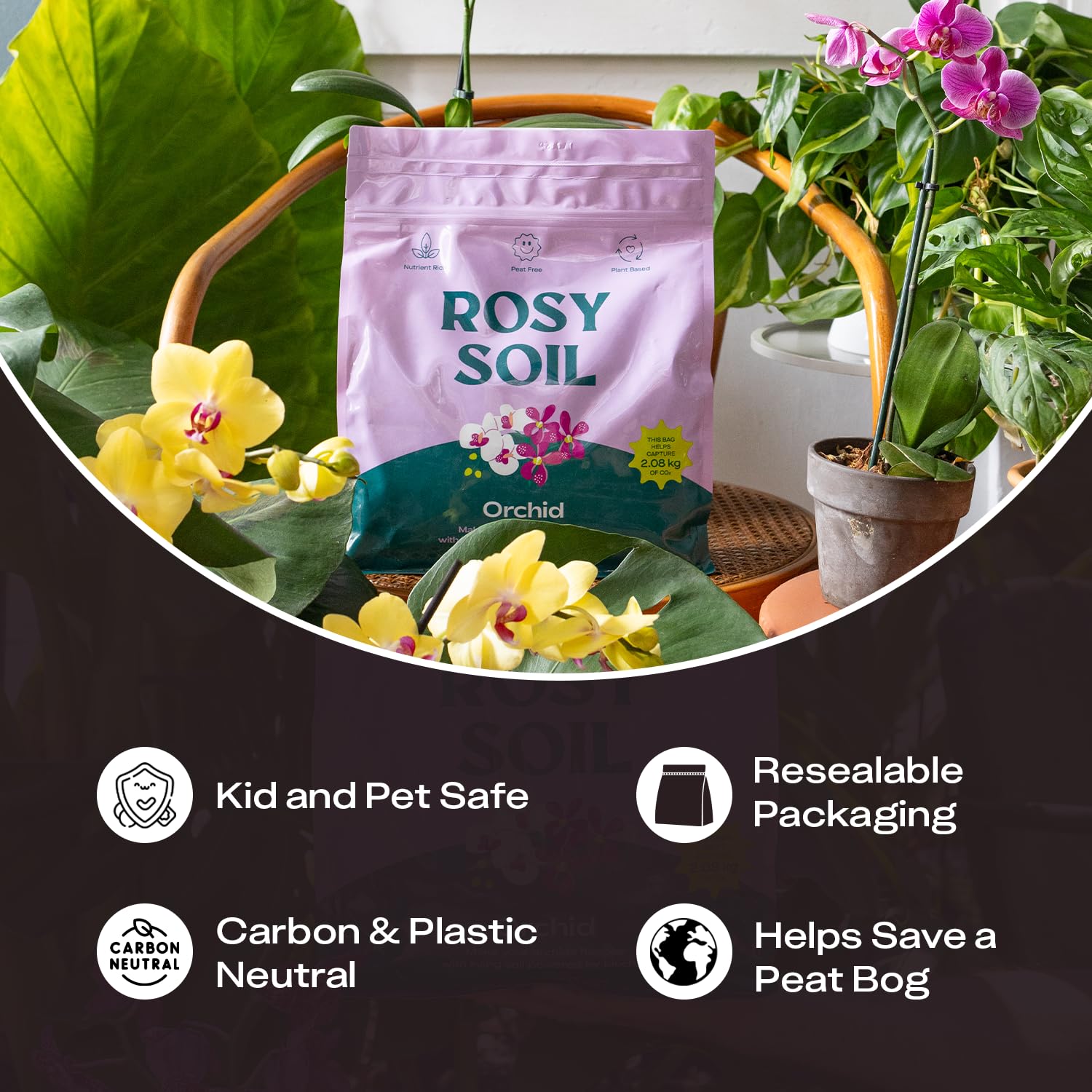 Rosy Soil etiqueta con ingredientes naturales y beneficios sostenibles