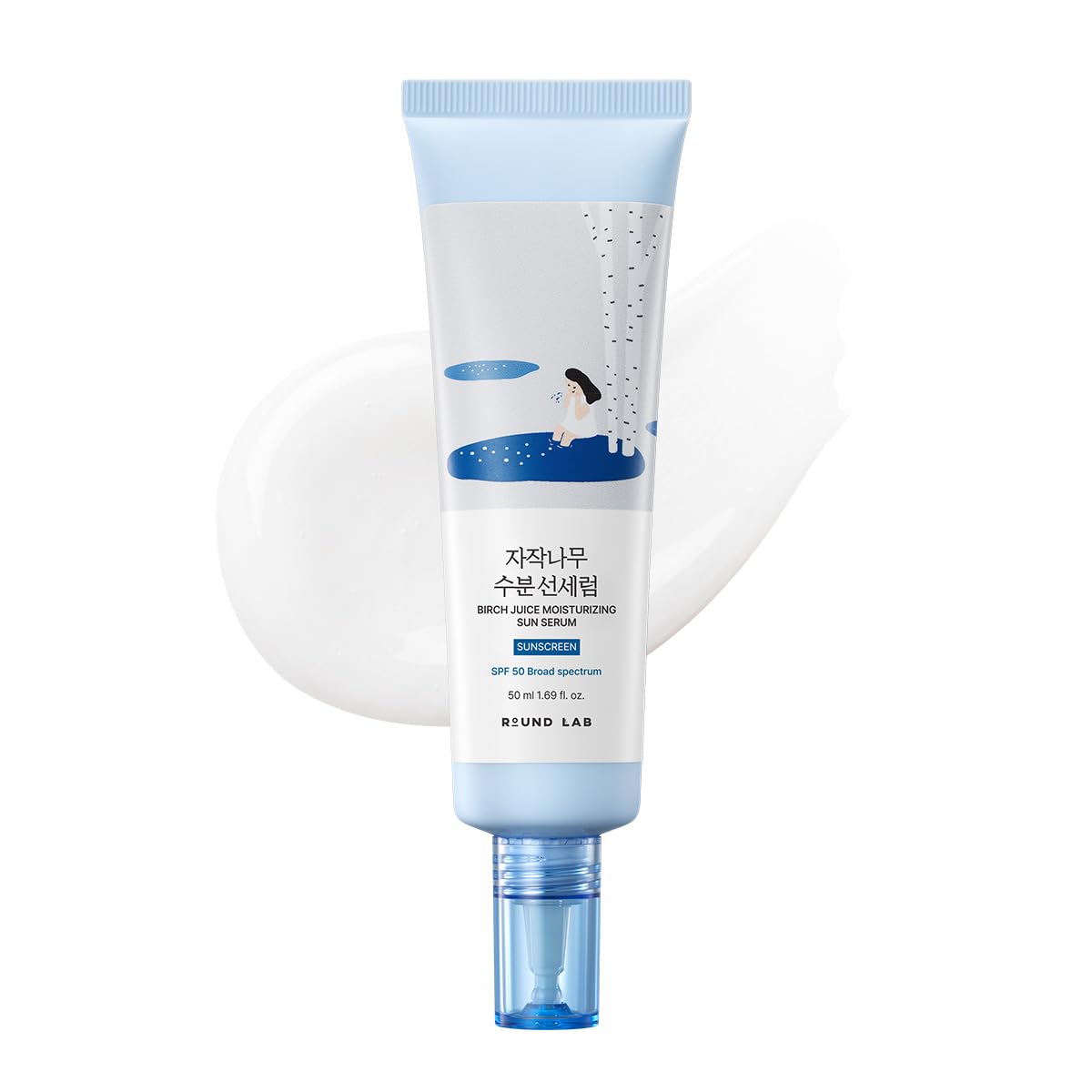 ROUND LAB envase frontal del Birch Juice Sun Serum mostrando diseño compacto y práctico