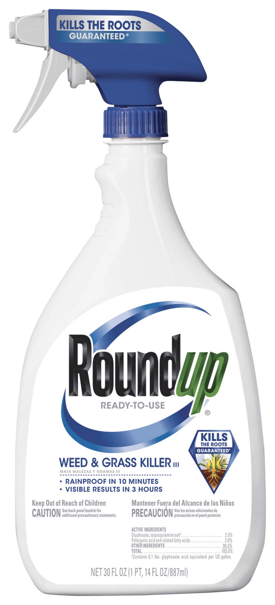 Roundup pulverizador frontal mostrando etiqueta y gatillo, eficacia visible