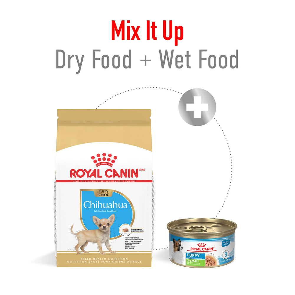Comparación de tamaño ROYAL CANIN Chihuahua Puppy junto a una mano para mostrar escala de la croqueta