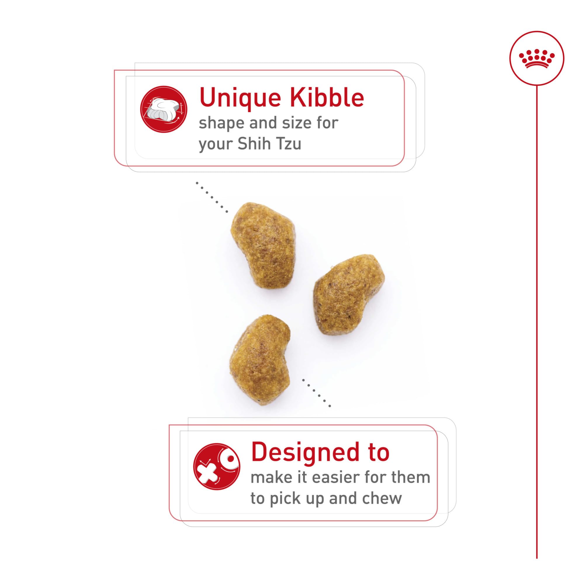 ROYAL CANIN comparación de tamaño de croqueta junto a moneda, visualiza escala y comodidad