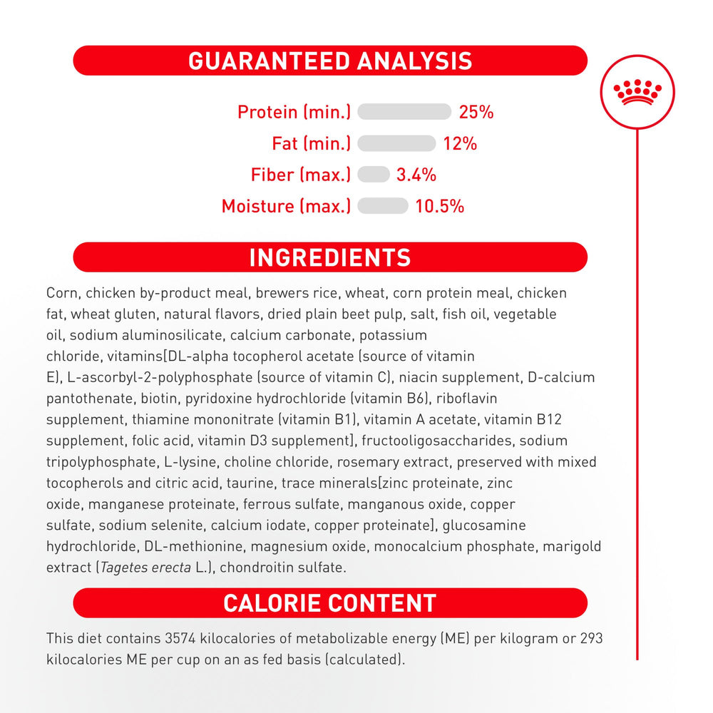 ROYAL CANIN etiqueta con información de ingredientes y beneficios clave