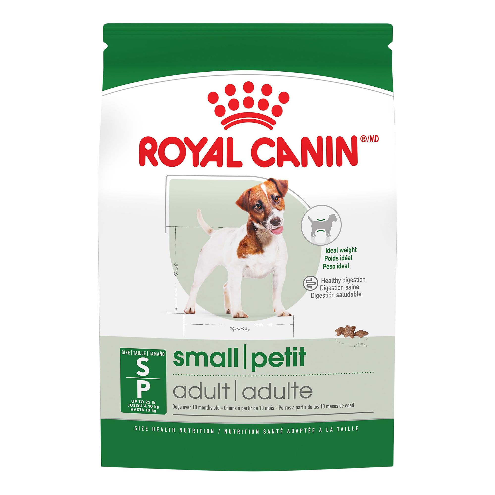 ROYAL CANIN bolsa frontal mostrando el formato de 4 lb y beneficios para perros pequeños