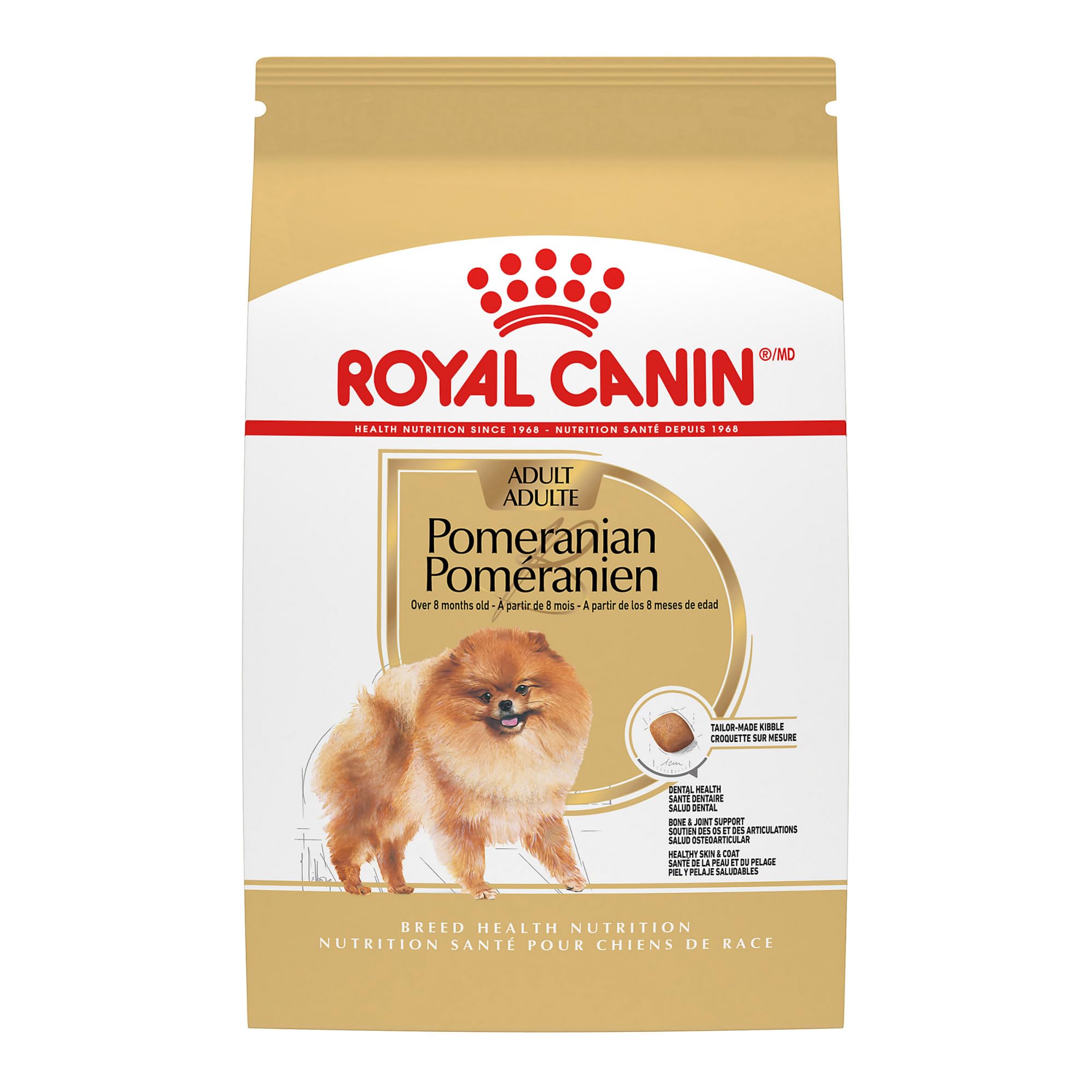 ROYAL CANIN bolsa frontal mostrando fórmula Pomeranian y beneficios para raza