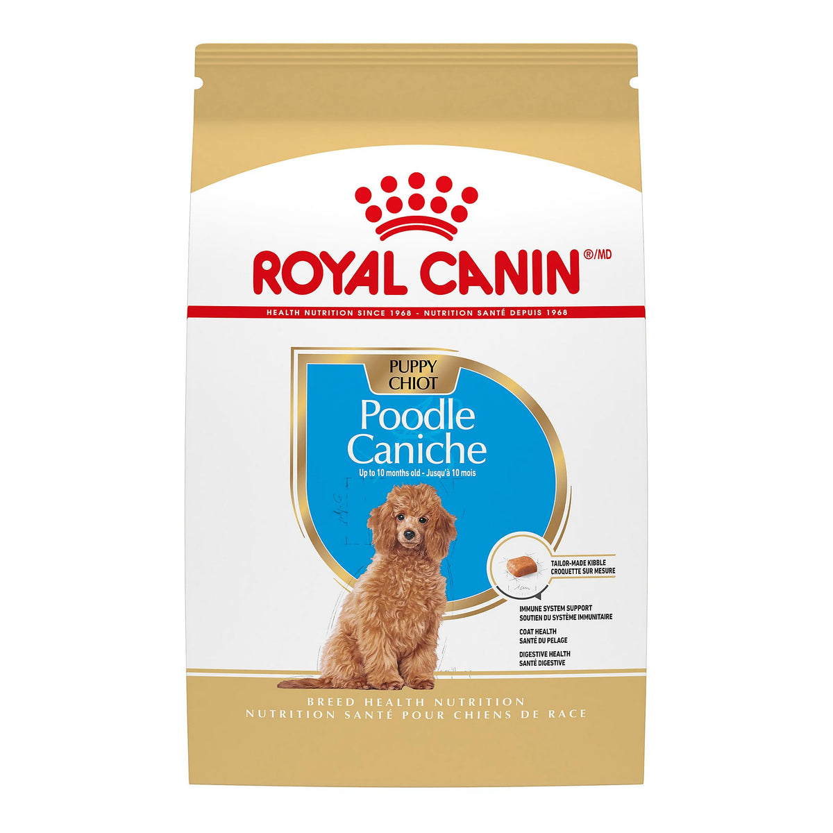 ROYAL CANIN empaque frontal que muestra la fórmula Poodle Puppy y beneficios nutricionales