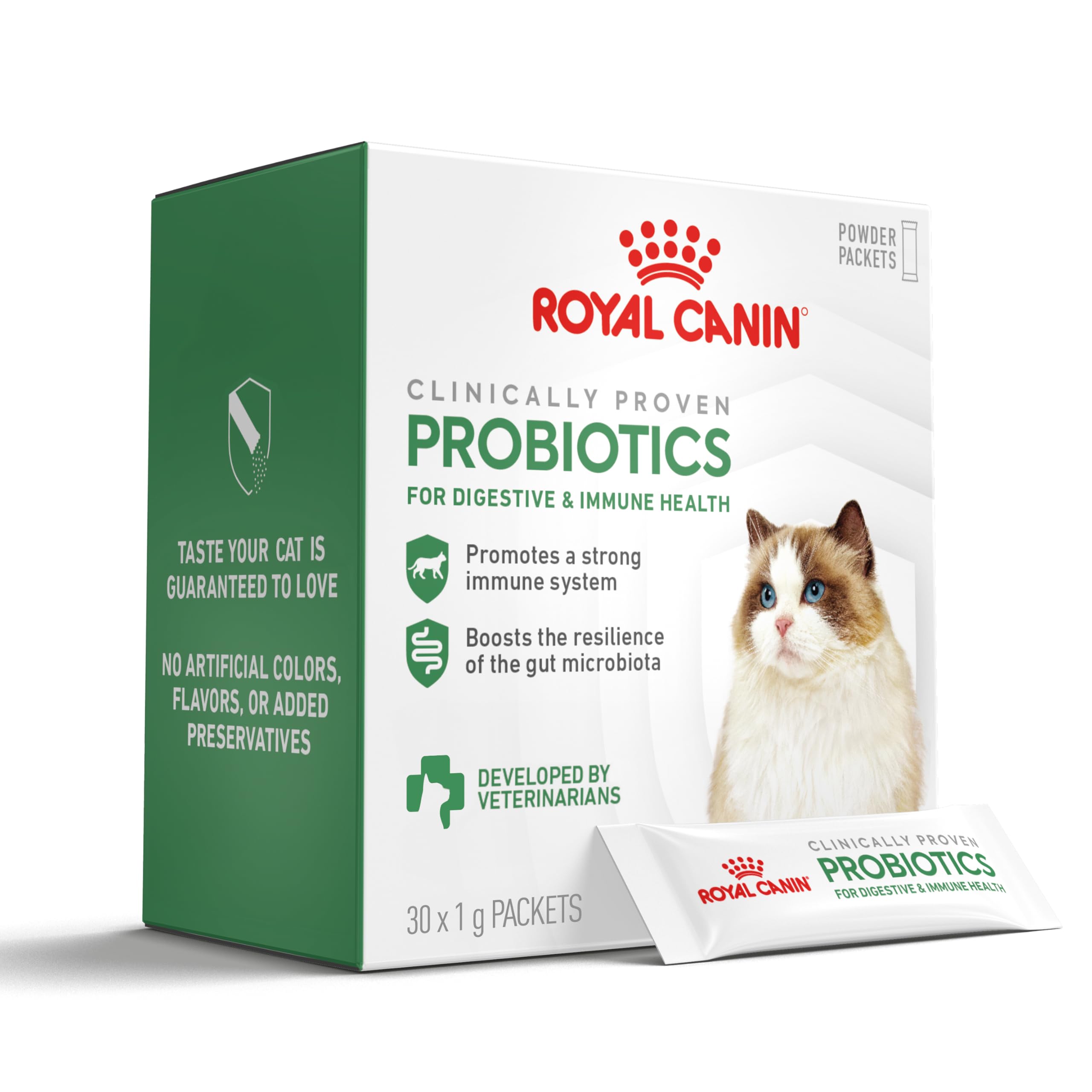 Royal Canin frasco y sobres mostrando administración fácil y dosis precisa