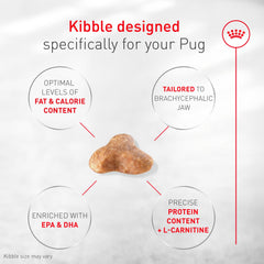 ROYAL CANIN detalle de croqueta en trébol, facilita la toma para Pug
