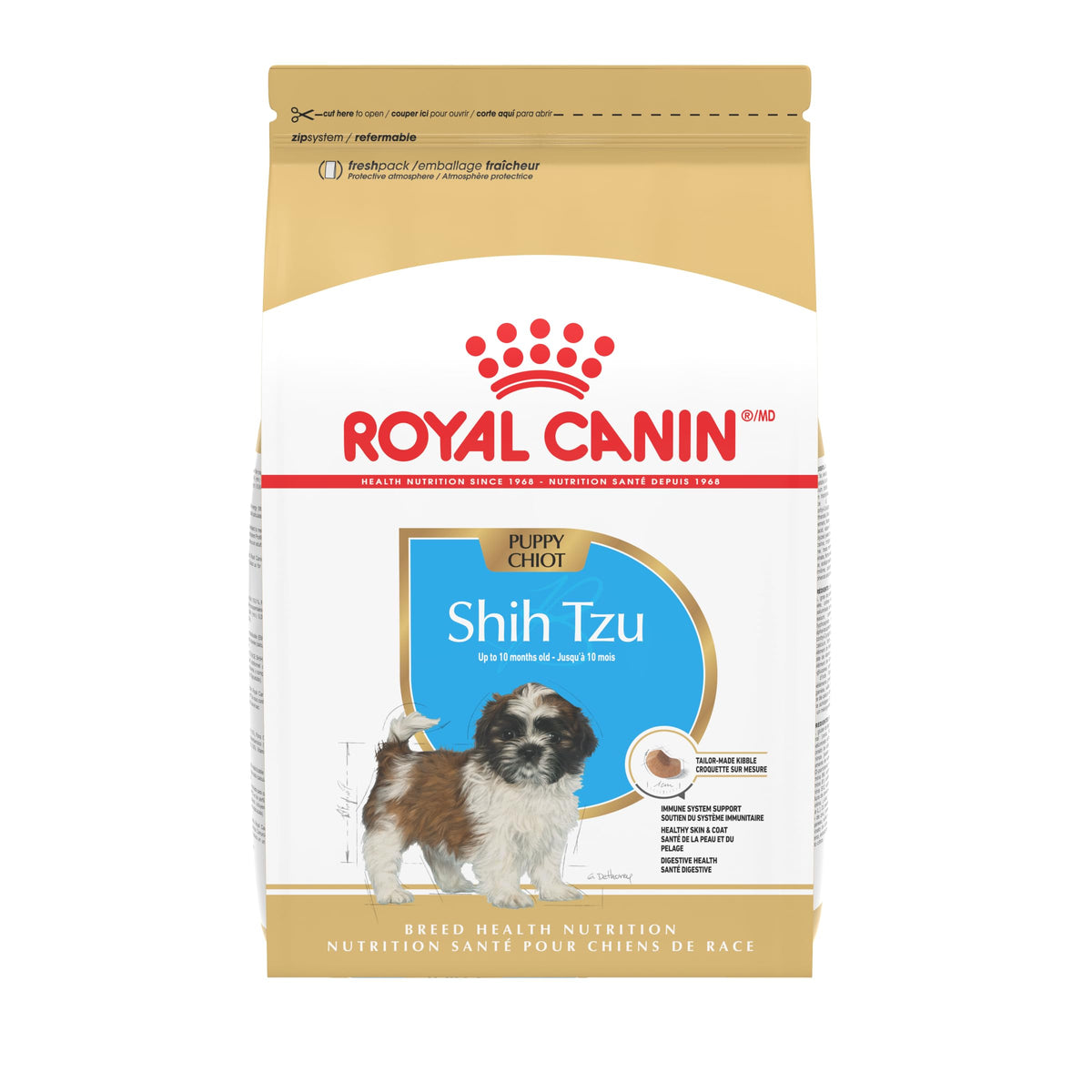 ROYAL CANIN front packaging showing breed-specific puppy formula benefits