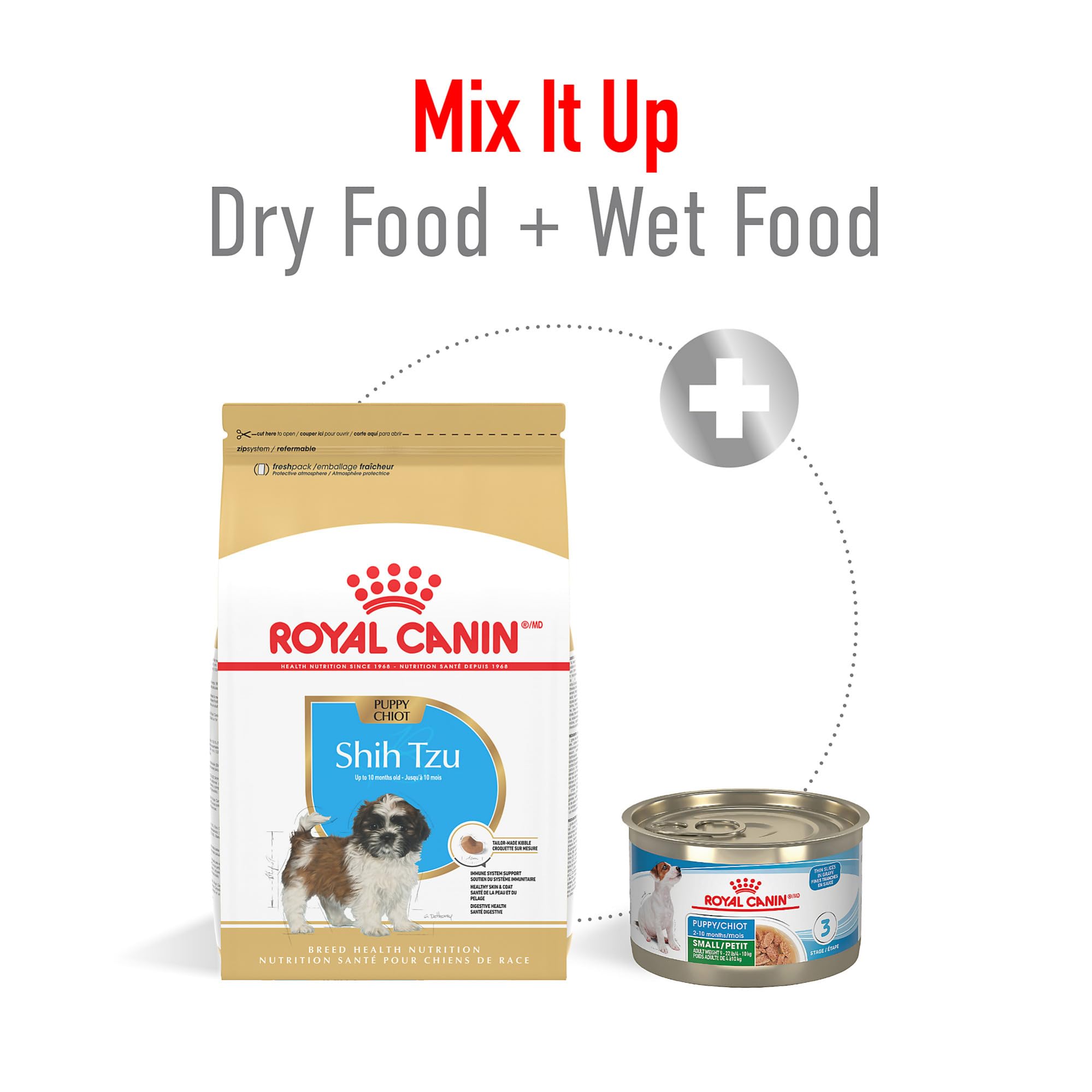 ROYAL CANIN Shih Tzu puppy eating from bowl promoting comfortable chewing