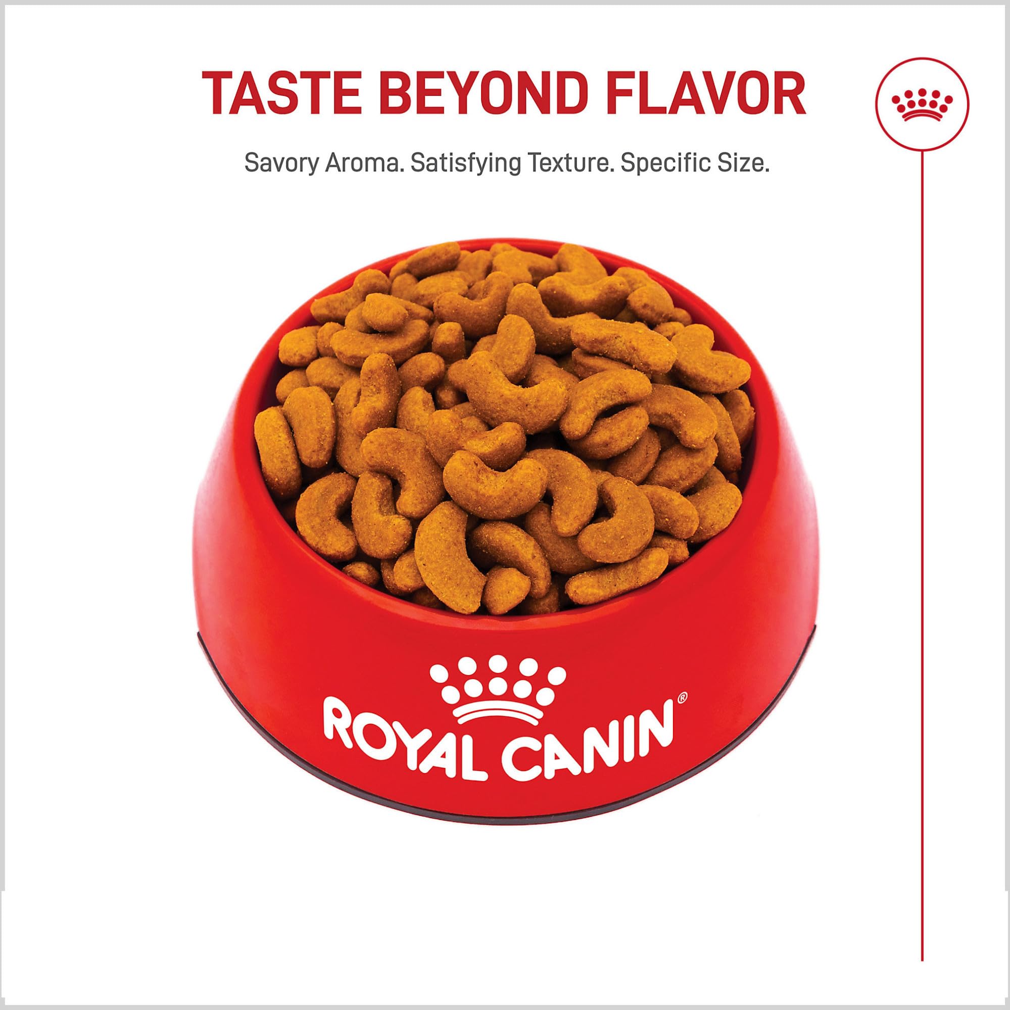 royal canin kibble beside bowl for scale showing portion sizing benefit