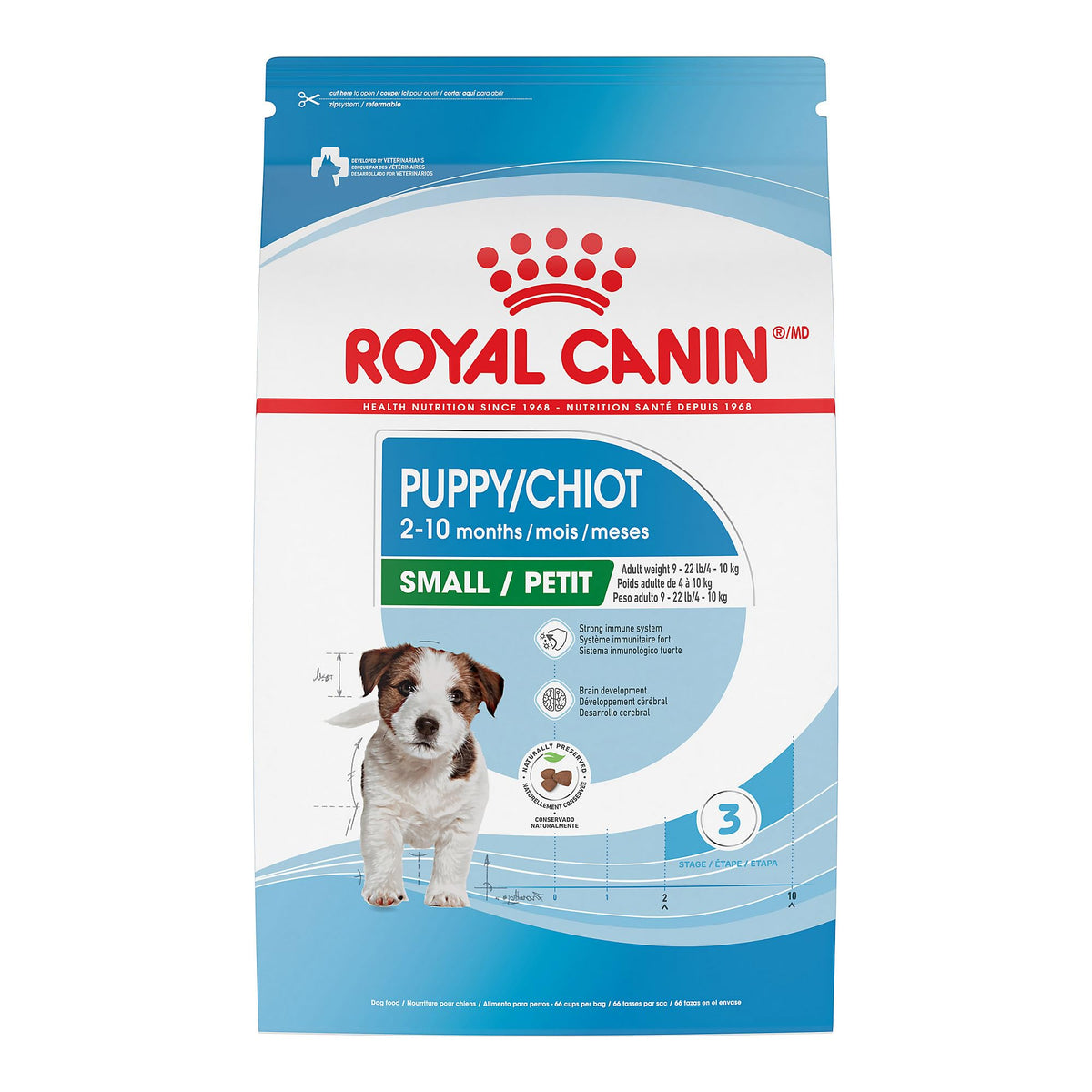 ROYAL CANIN empaque frontal mostrando información y beneficios para cachorros