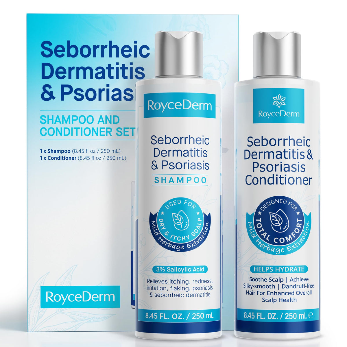 Roycederm set frontal mostrando champú y acondicionador para alivio del cuero cabelludo
