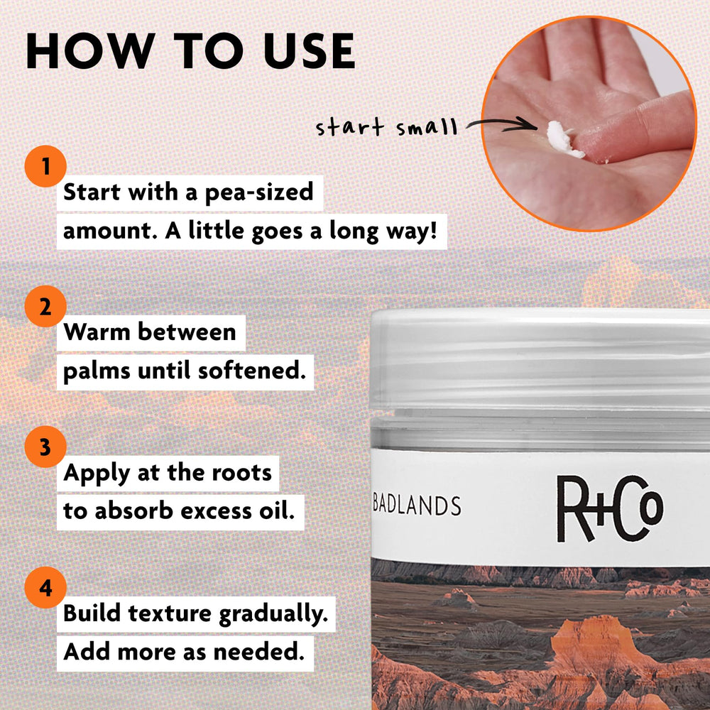 R+Co Badlands volcanic ash ingredient display showing oil-absorbing benefit