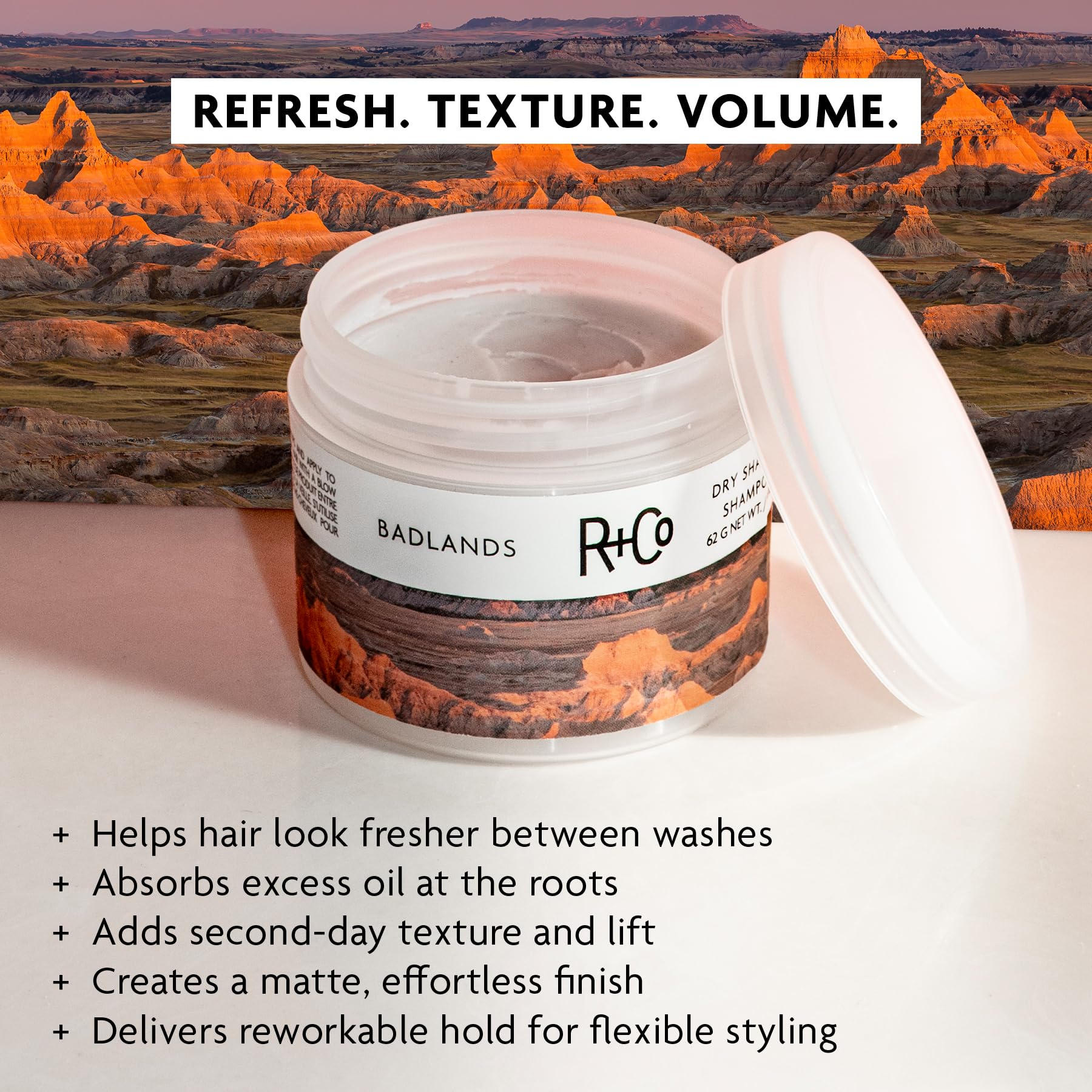 R+Co Badlands open jar close-up texture showing creamy dry paste benefit
