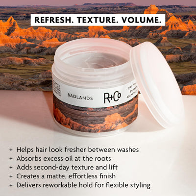 R+Co Badlands open jar close-up texture showing creamy dry paste benefit